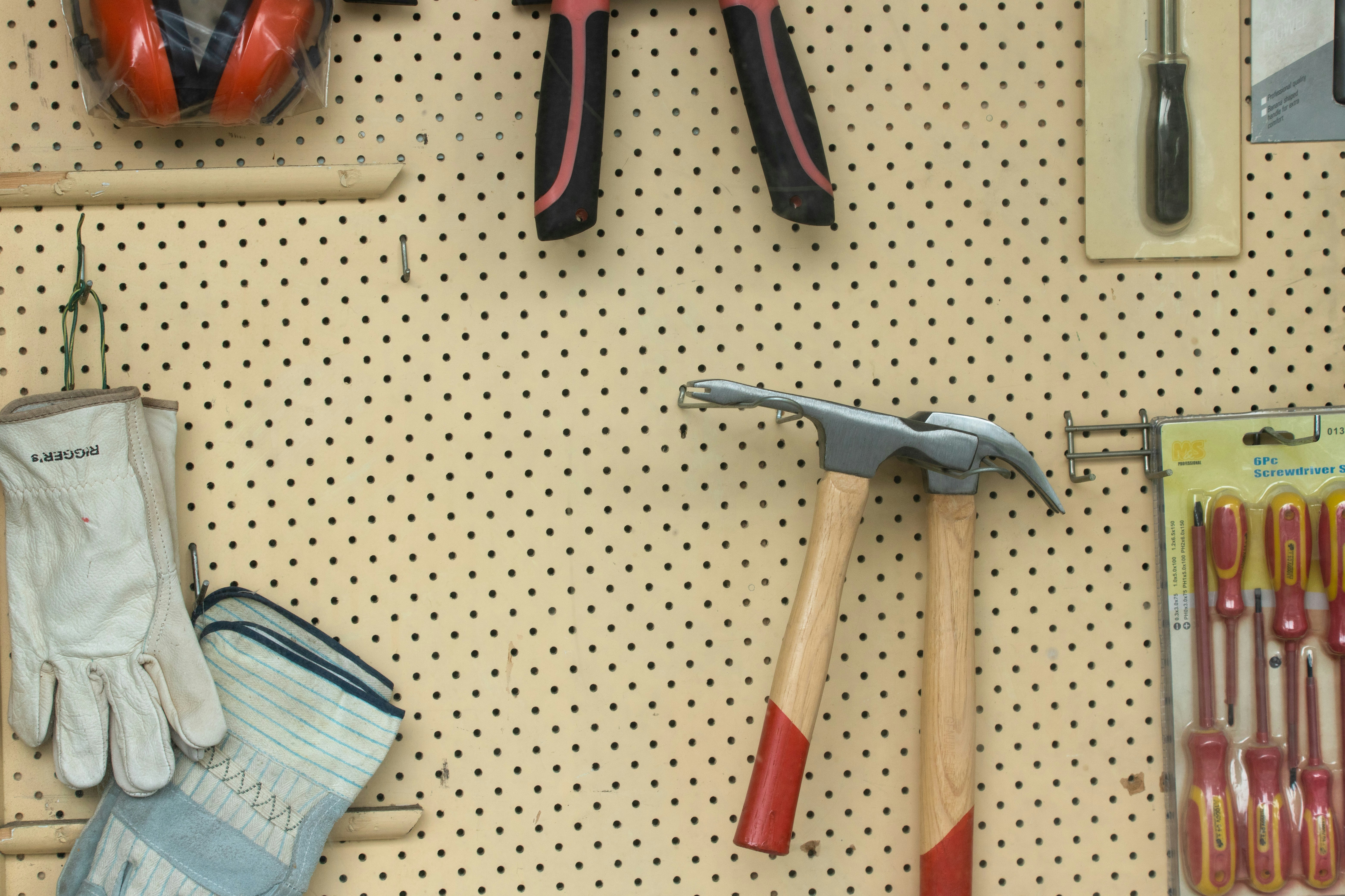 Assorted construction tools on a workbench